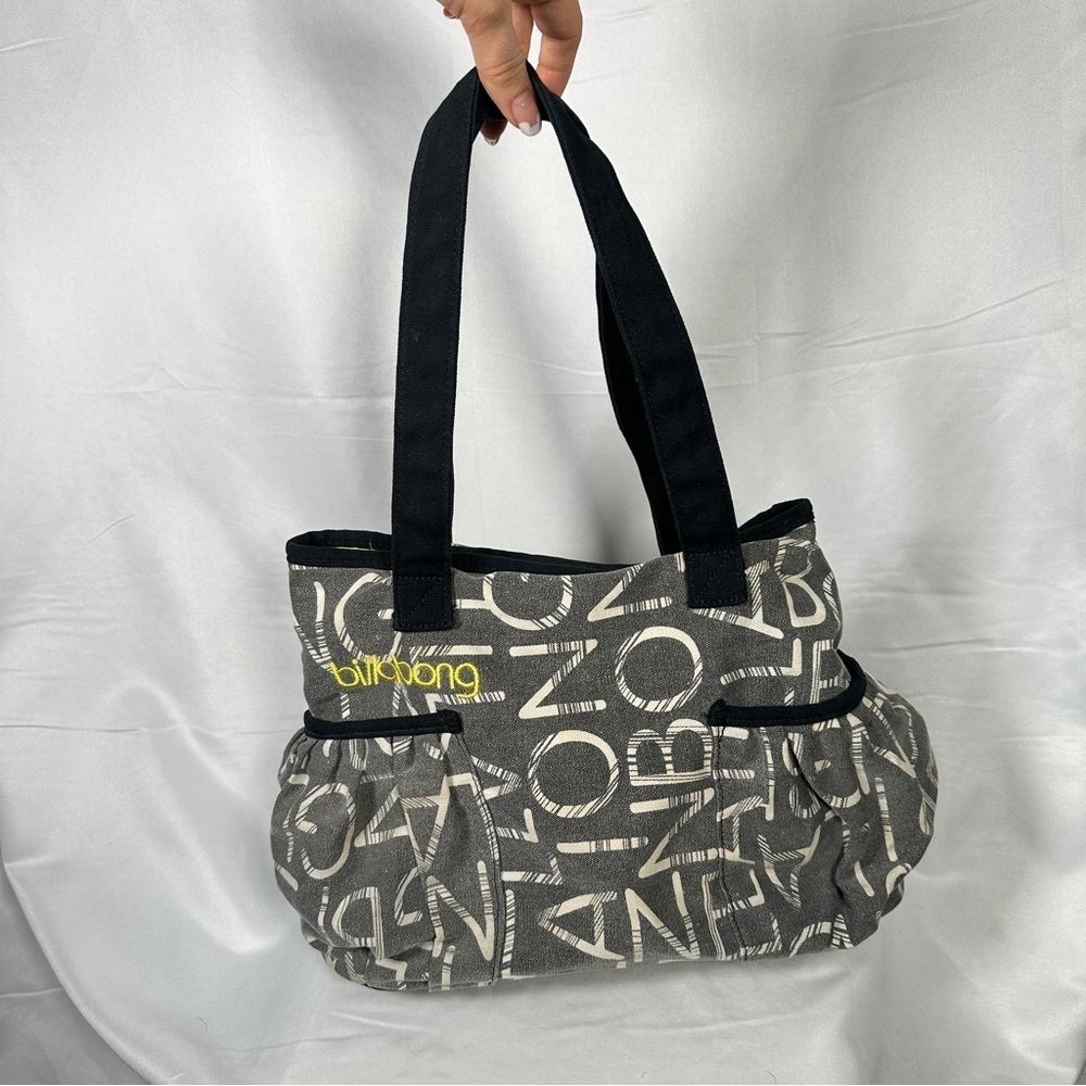 Billabong Canvas Logo Tote Gray Cream Print Yellow Lining Surf Casual Bag